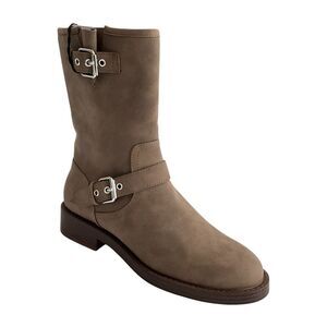 Payce Moto Boots Double Harness Vegan Leather Low Heel In Dark Taupe 9